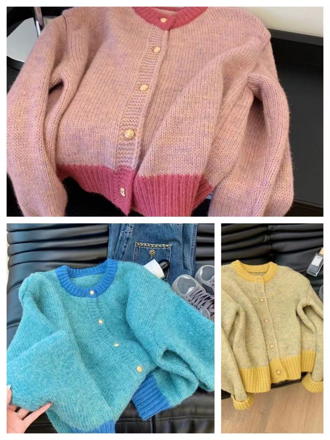 Lazy style contrasting color round neck soft glutinous sweater jacket for women in autumn new style small person sweet age-reducing wool knitted