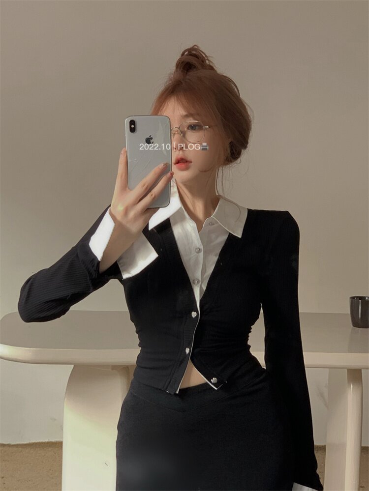 假兩件襯衫女設計感小眾春季純欲甜辣妹性感短款上衣獨特别致襯衣