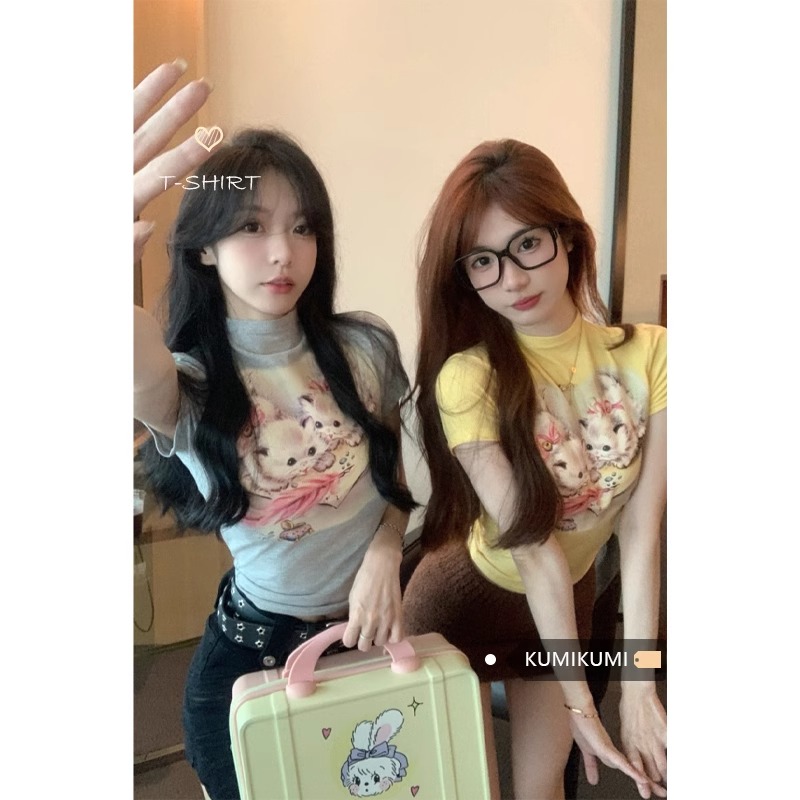 Official photo 92 cotton/8 spandex 40 210g pure cotton sweet and spicy half high neck short-sleeved T-shirt for women