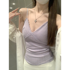 Real shot of spring and summer Korean version pure cross v-neck lace edge chest pads to make you look slim suspender vest T-shirt top