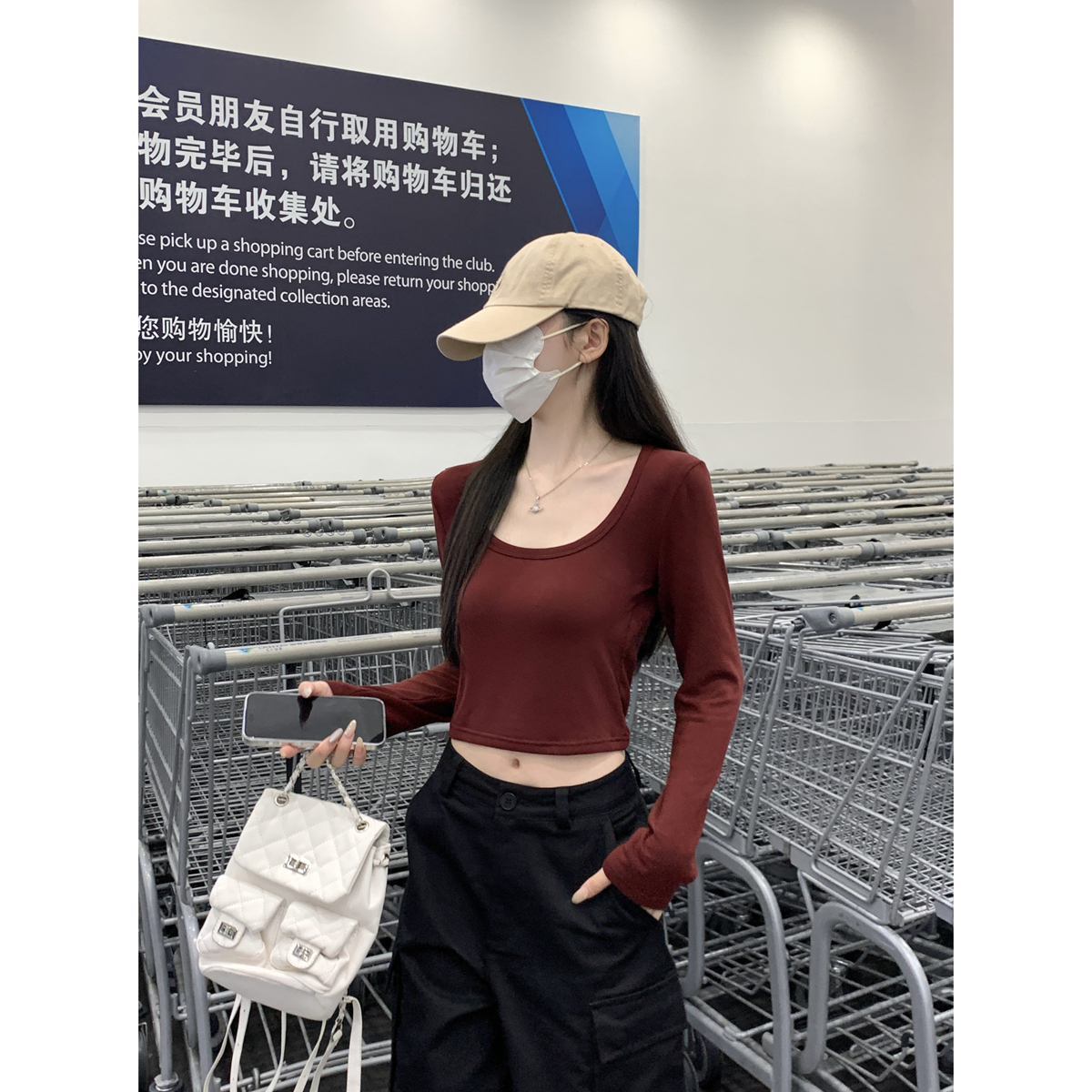 Real shot of 2025 spring and summer Korean style square collar versatile short long-sleeved base shirt T-shirt top for women