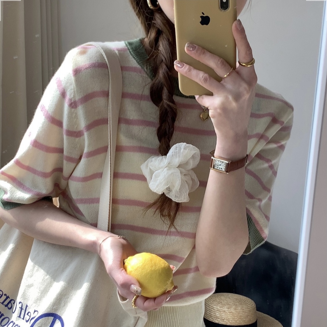 Lune 條紋針織T恤女2025年夏季新款韓系溫柔風打底衫短袖內搭上衣