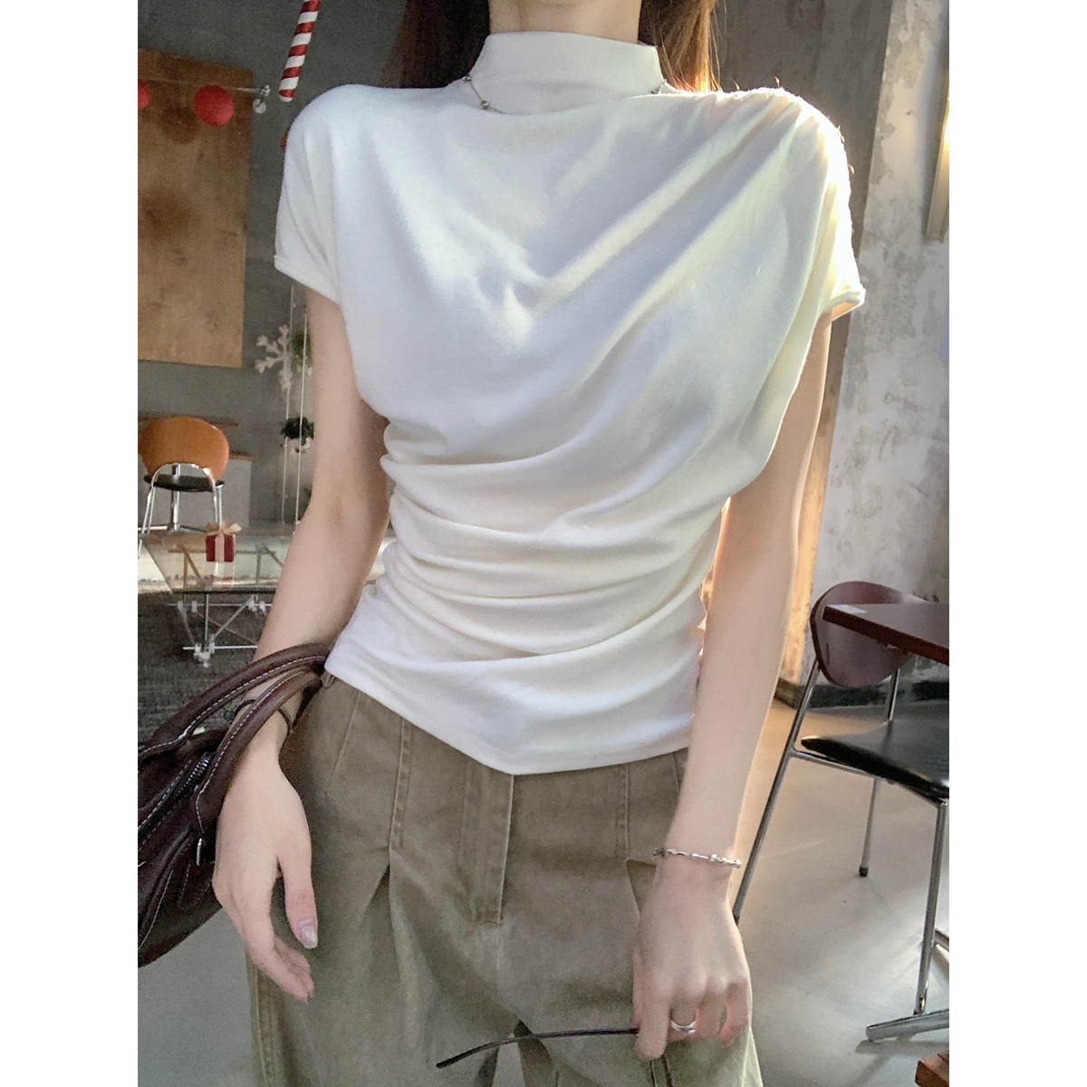Real shot of spring and summer Korean style semi-high neck pleated design cashmere versatile short-sleeved T-shirt top for women