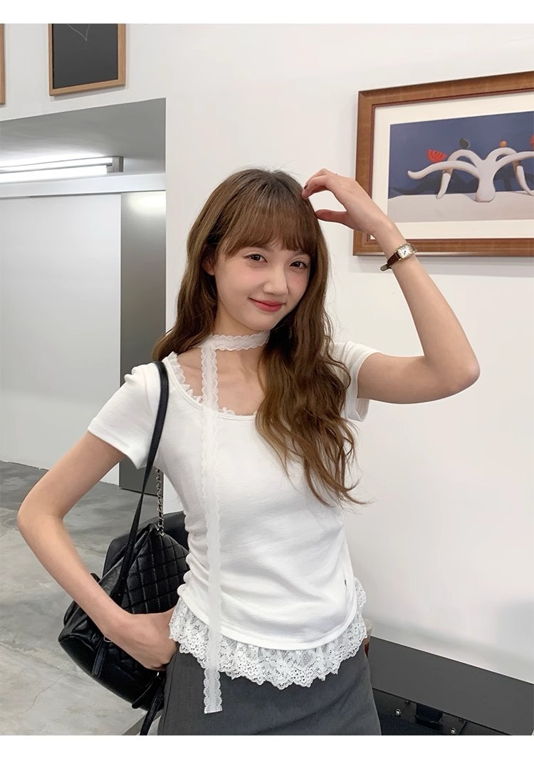 Sweet ribbon fresh top pure hot girl design feels waist-hugging and slim lace streamer short sleeves t