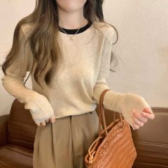 Spring Contrast Color Crew Neck Knit T-shirt Women Autumn/Winter Elegant Youthful Cardigan Korean Style Base Shirt Loose Innerwear Top