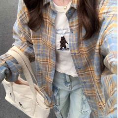 春秋2025新款長袖襯衫女法式復古格子設計感小眾寬鬆襯衣外套女