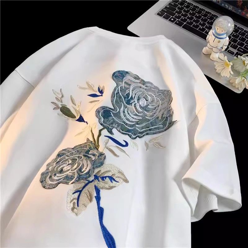 21支210g精梳純棉夏季大碼國風刺繡情侶獨特别致小眾短袖t恤男女