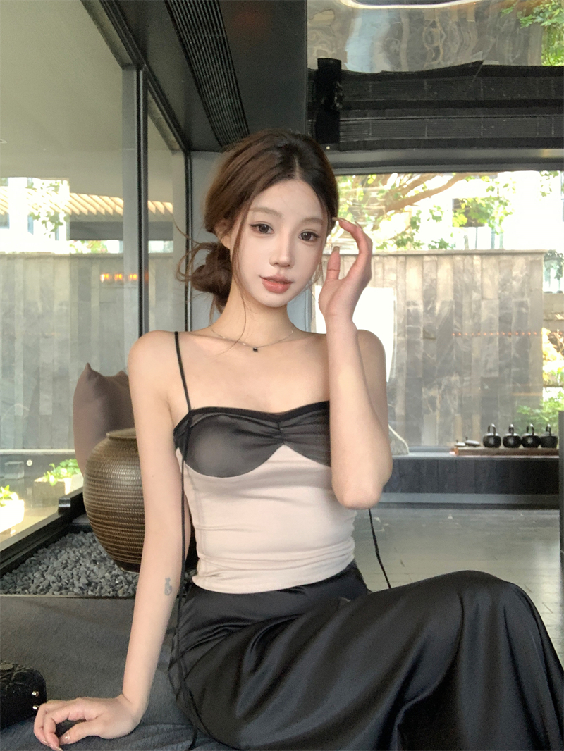 Real shot~ European and American style ins retro contrasting color splicing suspenders for women French daily lazy and versatile retro vest