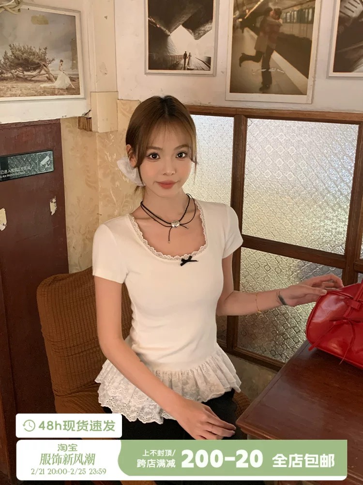 宋正恩白色蝴蝶結短袖t恤女夏季蕾絲花邊設計感正肩修身體恤上衣