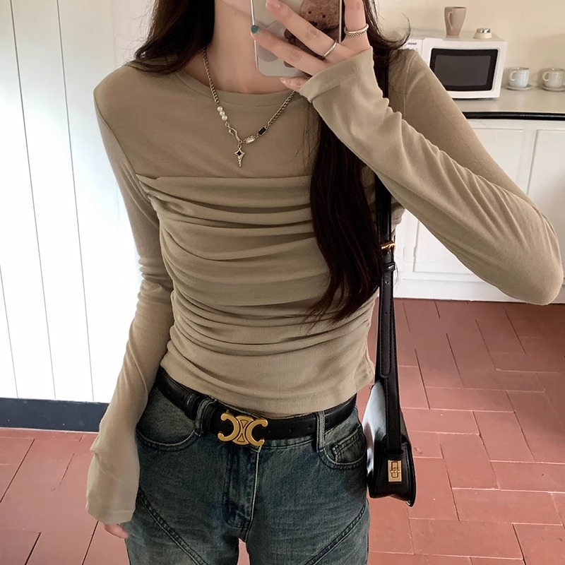 原版質量拼接長袖t恤女修身內搭甜美短款上衣正肩打底衫早春