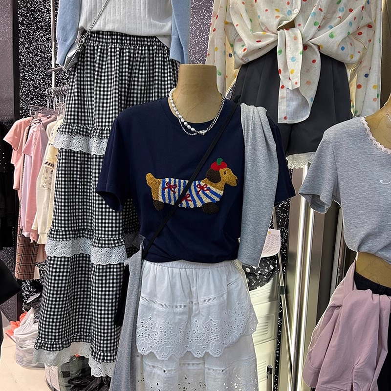 刺繡21支超爽棉210克240斤特大碼可愛小狗慵懶風短袖