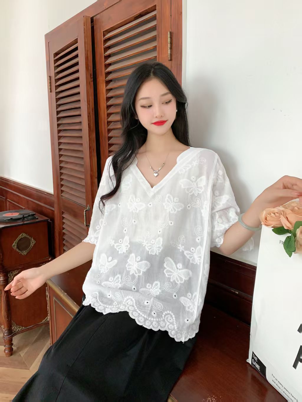 chic溫柔米色仙女娃娃衫夏重工花朵鏤空刺繡波浪花邊套頭短袖上衣