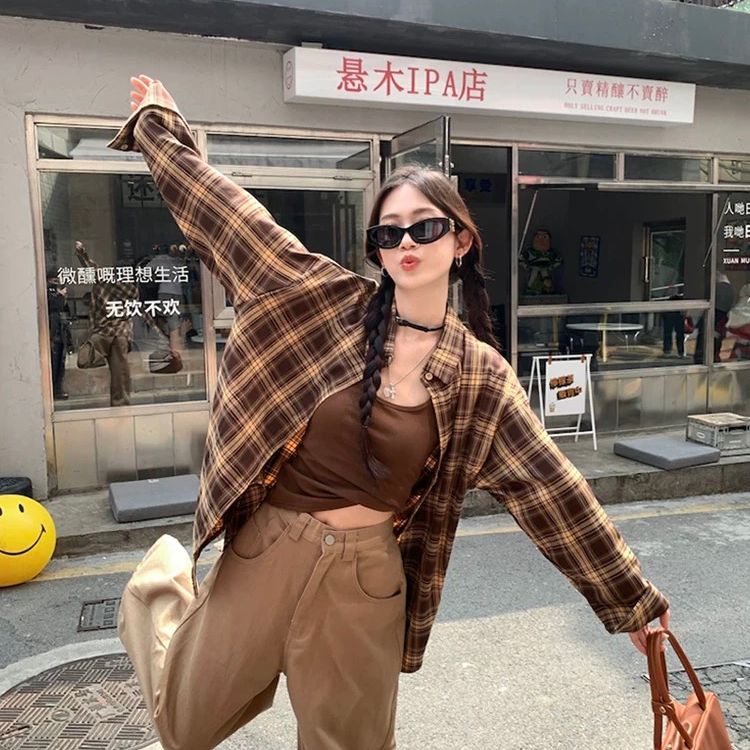 2025春秋季新款美拉德系列格子襯衫女長袖格子衫寬鬆襯衣外套女