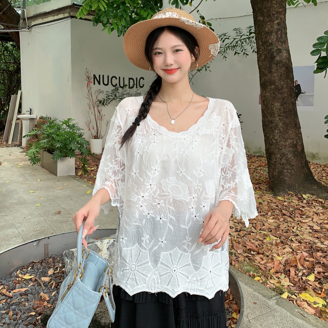 chic溫柔米色仙女娃娃衫夏重工花朵鏤空刺繡波浪花邊套頭短袖上衣