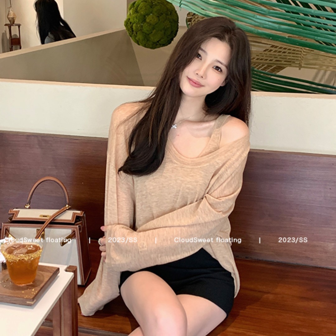 白雲甜 100s水溶羊毛防曬針織上衣女夏薄款長袖寬鬆套裝