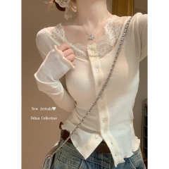 Real shot of early spring Korean version pure lace side single-breasted long-sleeved cardigan T-shirt top for women