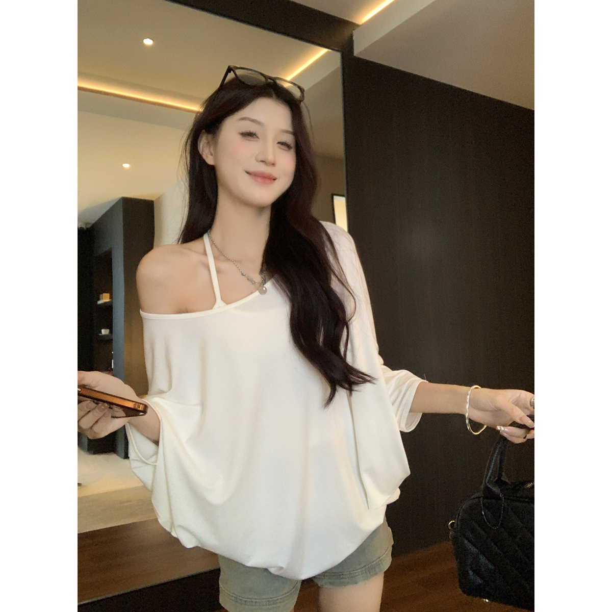 Real shot of spring and summer Korean loose round neck Laiser Tennis Bat quarter-sleeved sunscreen shirt T-shirt top