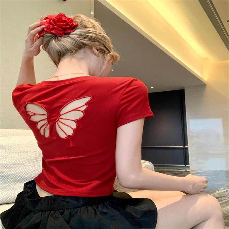 Butterfly embroidered hollow round neck short-sleeved T-shirt for women in summer design niche slim hot girl short red top