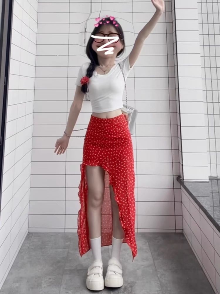 Ruffled floral skirt for women in summer mid-length high-waisted slim hip skirt red irregular slit skirt