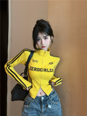 實拍~美式復古撞色立領拉鏈修身洋氣收腰印花字母長袖短外套