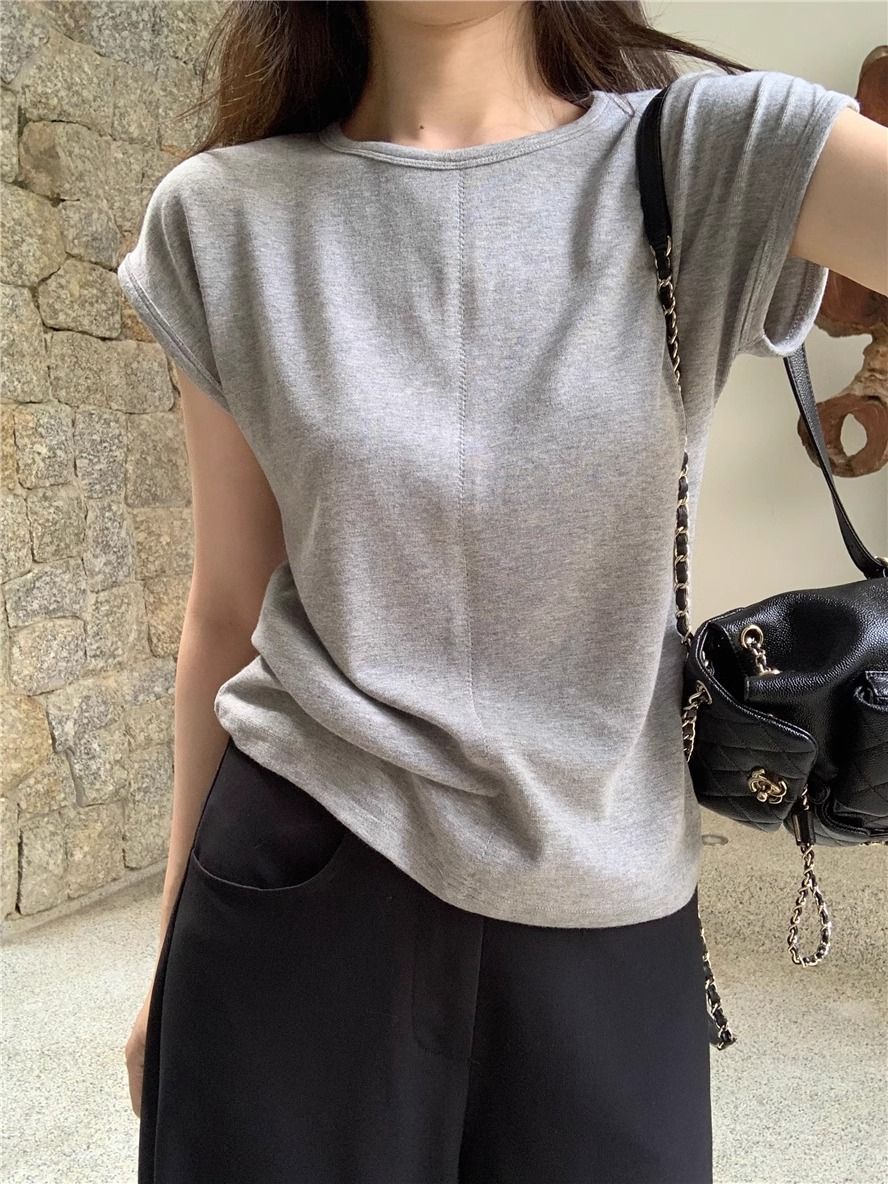 92 cotton/8 spandex 40 210g pure cotton small V-neck short-sleeved T-shirt women's design sense