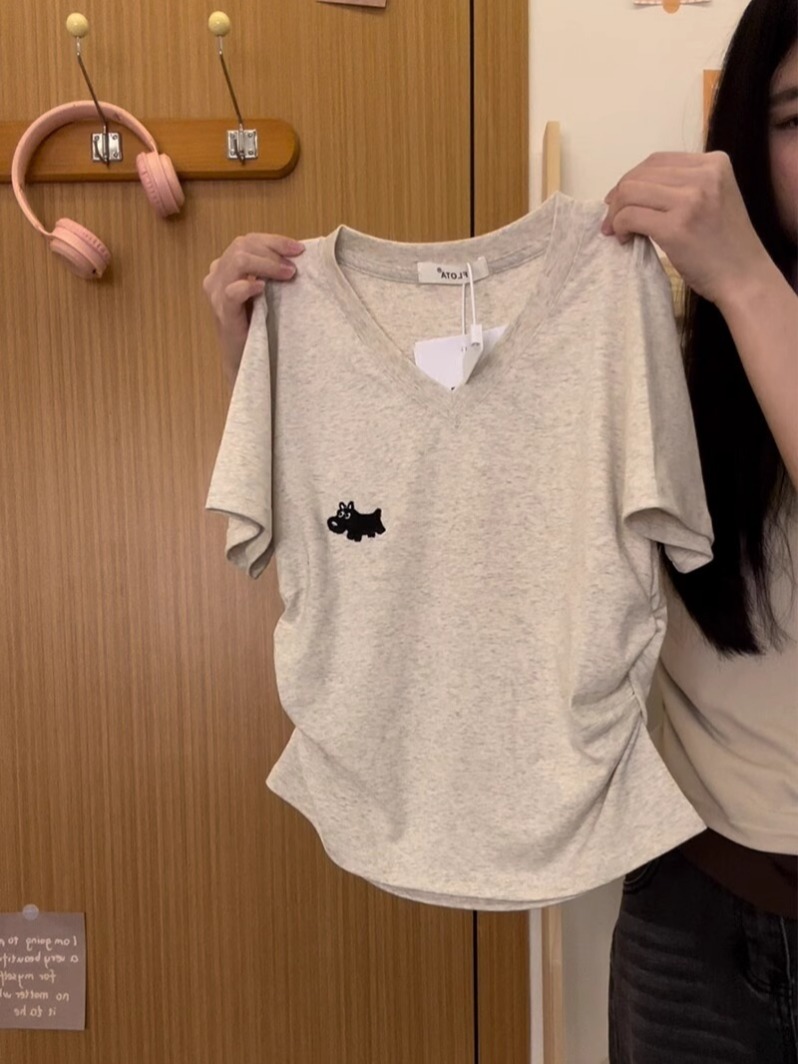 刺繡40支210克92棉8氨綸卡通V領正肩短袖日系顯瘦體恤