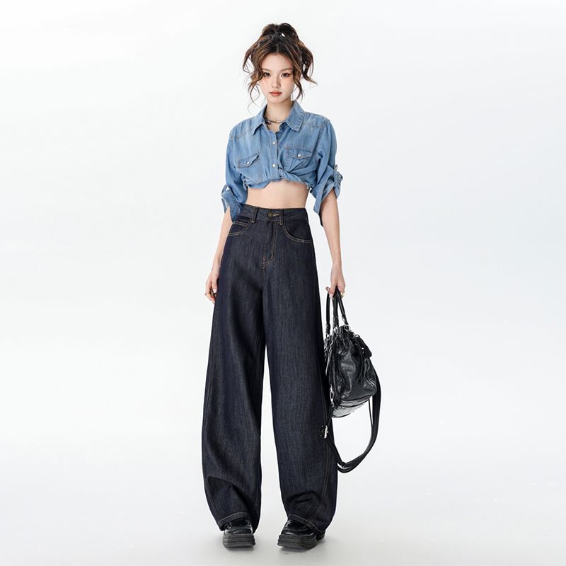 Real shot of 2025 spring fashion wide-leg personality scimitar pants versatile loose-covered jeans for women