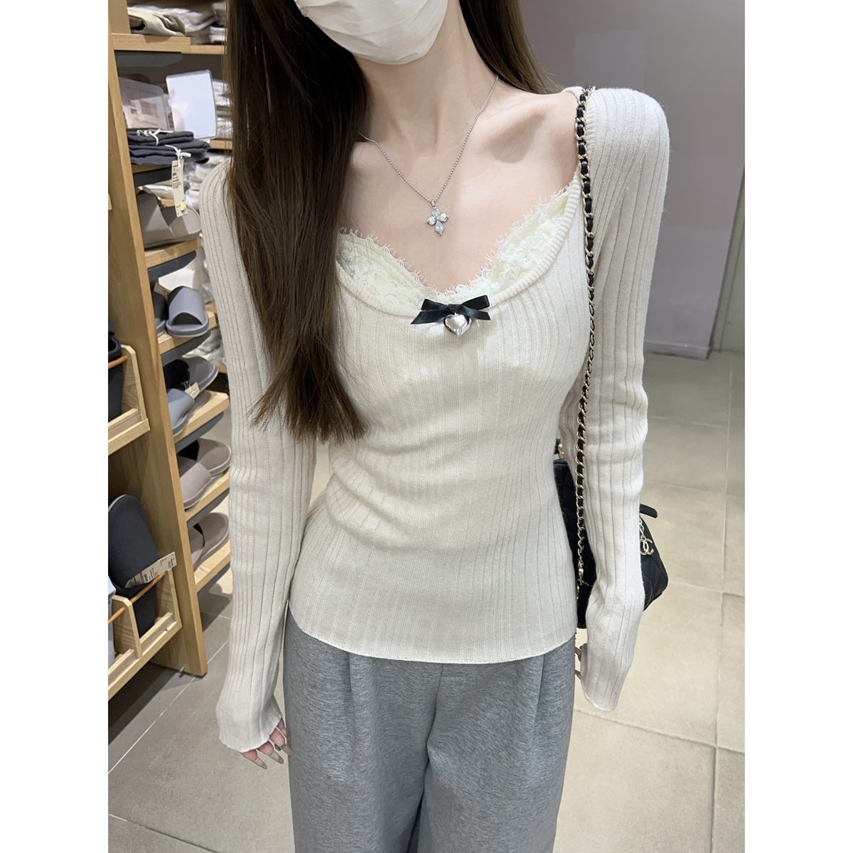 Real shot of early spring Korean style square collar pure slim fit 6 wool long-sleeved sweater top