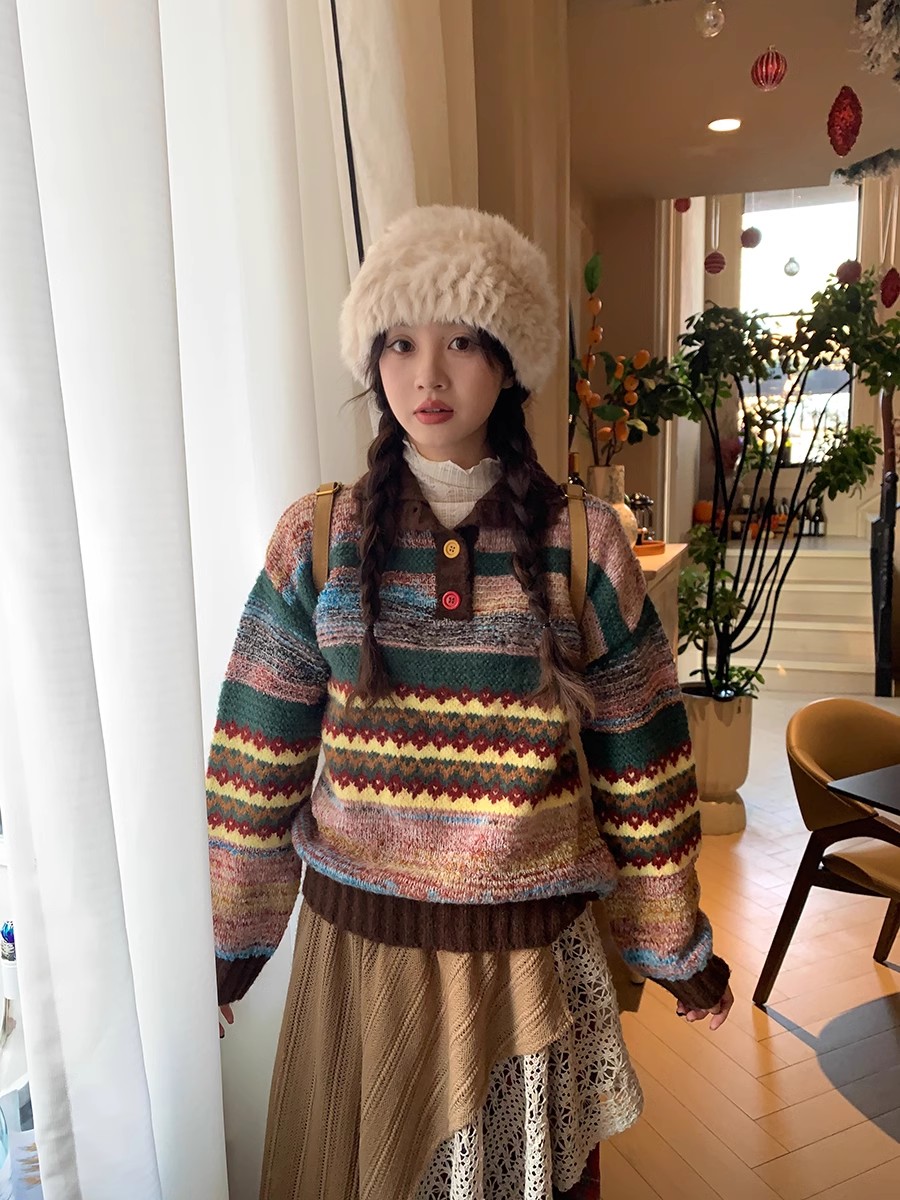 Xinbangbang 2025 homemade girly colorful retro striped button lapel sweater for women