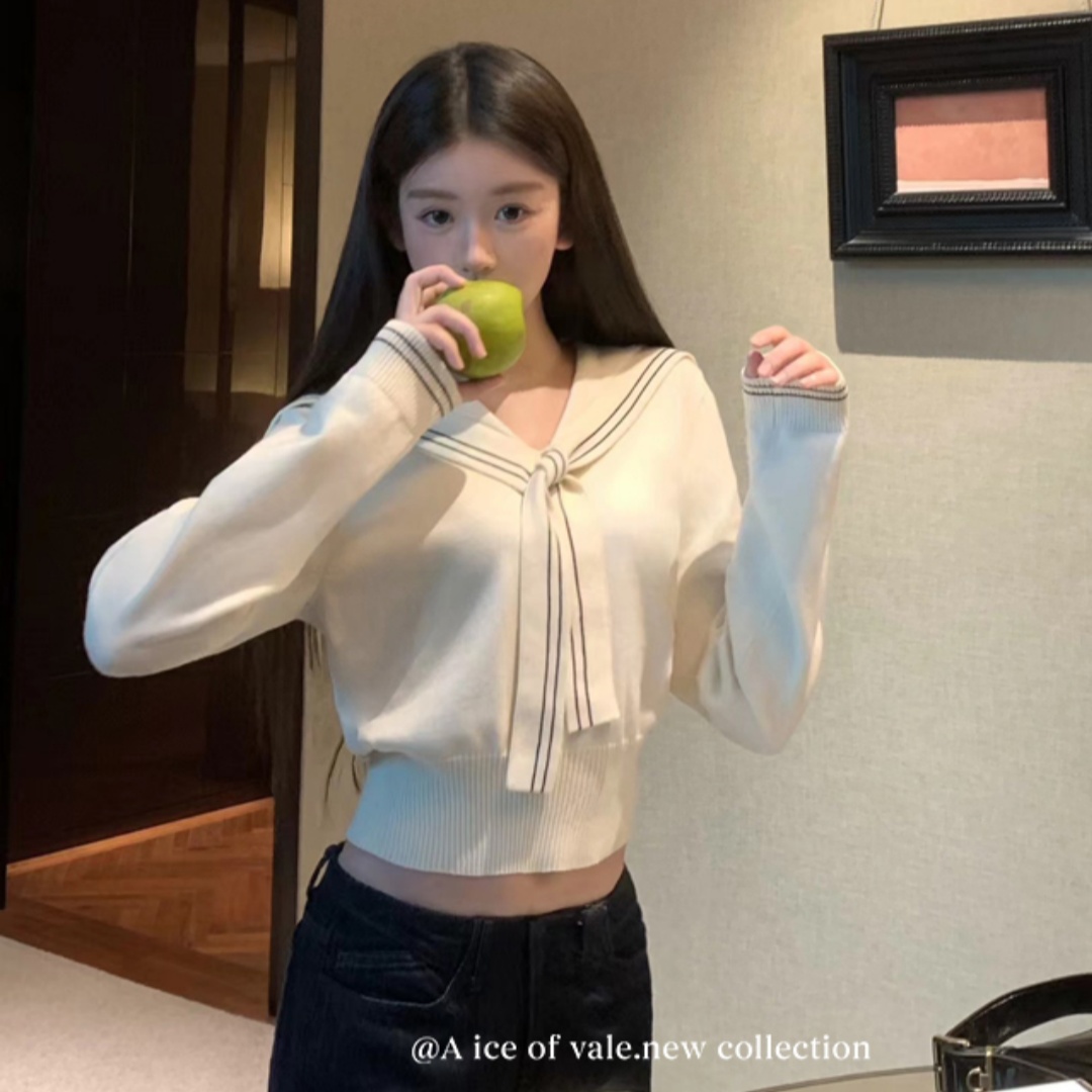 A ice of vale 千奈涼子 海軍領毛衣針織衫女秋冬學院風短款上衣