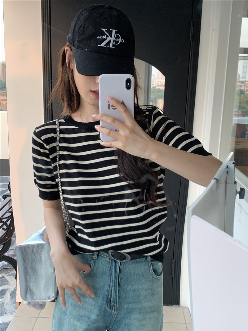 Real photo Loose round neck retro ice silk striped sweater thin short-sleeved loose T-shirt