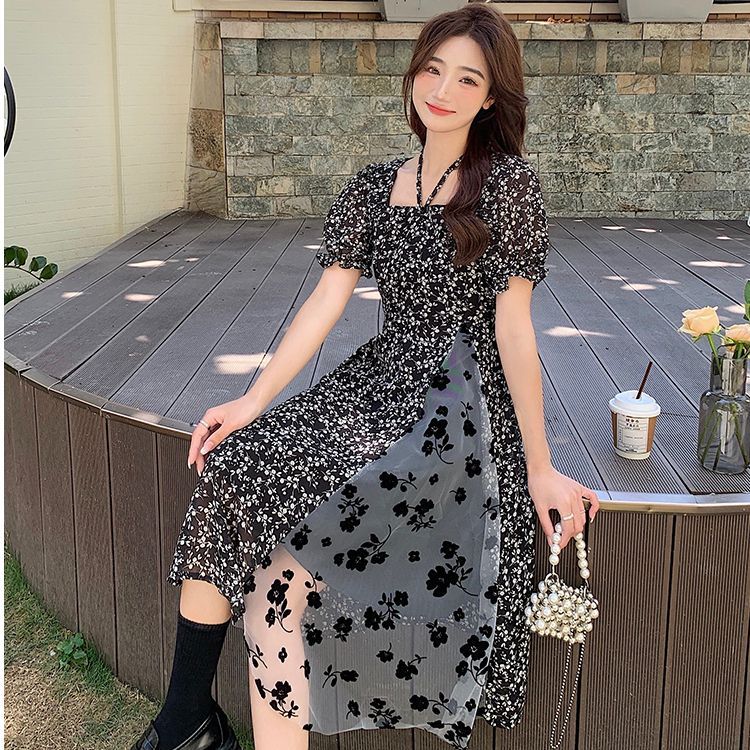 時尚女裝碎花方領連衣裙女胖MM新款法式復古設計感網紗拼接中長裙