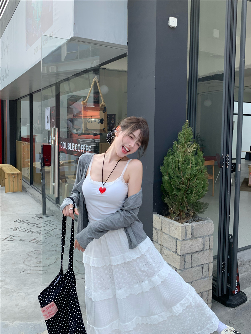 實拍~溫柔風套裝女2025防曬開衫吊帶荷葉邊層層蛋糕裙三件套