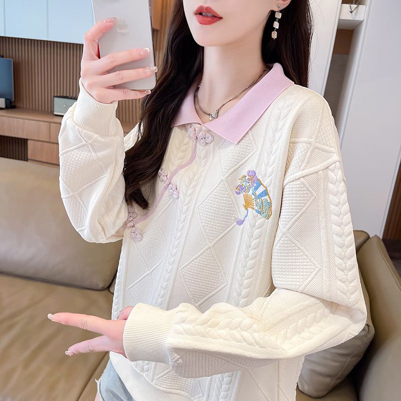 實拍2025春秋新款刺繡大碼設計感polo領簡約套頭減齡上衣衛衣女