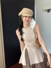 Pure and lustful style knitted and unique small suspender vest for women in summer wear slim slit sleeveless sweet and spicy top