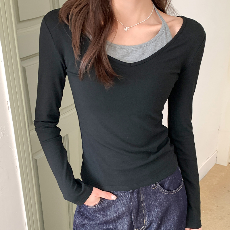 Real shot of fake two-piece spliced ​​top for women in spring, high-end temperament, inner bottoming shirt, shoulder long-sleeved T-shirt
