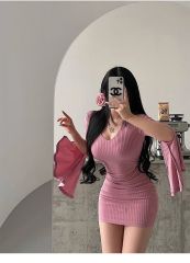 Pure Desire, Stylish V-neck Tight Body-hugging, Skirt with Butt-lifting, Slimming, Slit, Trumpet Sleeve, Striped Dress, Elegant Short Skirt