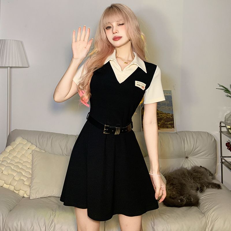 美式翻領氣質短袖polo領連衣裙女收腰顯瘦學院風性感A型裙子夏季