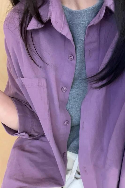 長袖韓版百搭寬鬆襯衫女設計感紫色純棉內搭外穿通勤翻領上衣外套