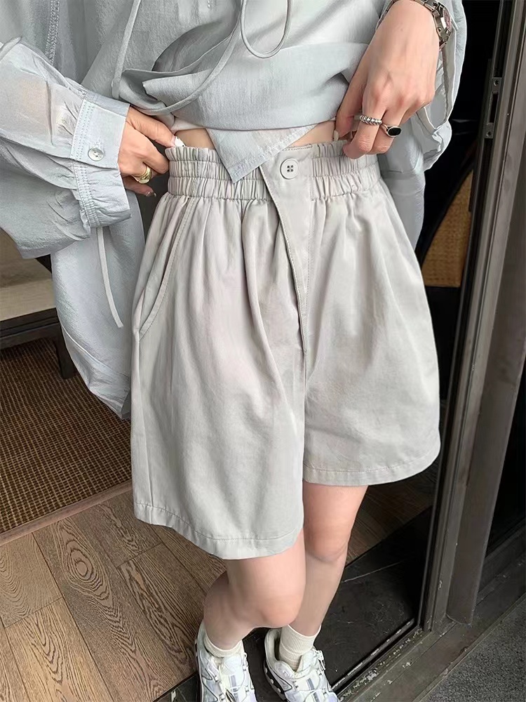 水洗100%棉 夏季闊腿短褲女鬆緊高腰一粒扣休閒五分中褲