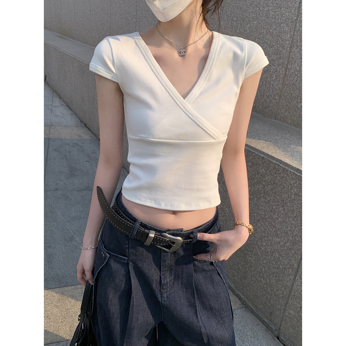 Real shot of spring and summer Korean style V-neck cross design slim 260g slim and versatile short-sleeved T-shirt top