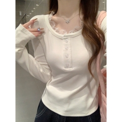 Real shot of early spring Korean version pure square necklace button design cashmere base shirt long sleeve T-shirt top
