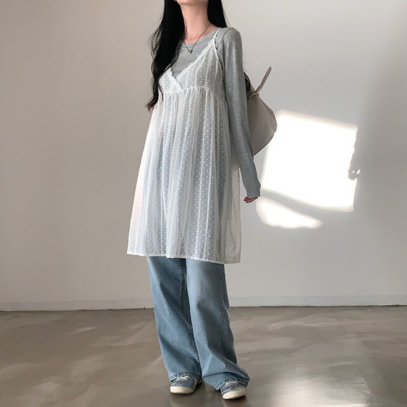 Korean chic design layered blouse French gentle v-neck lace mesh suspender vest dress