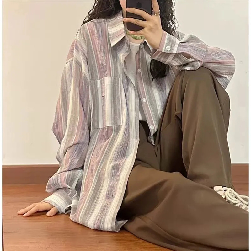 條紋設計感休閒長袖襯衫春秋小眾復古寬鬆港風襯衣防曬上衣外套女