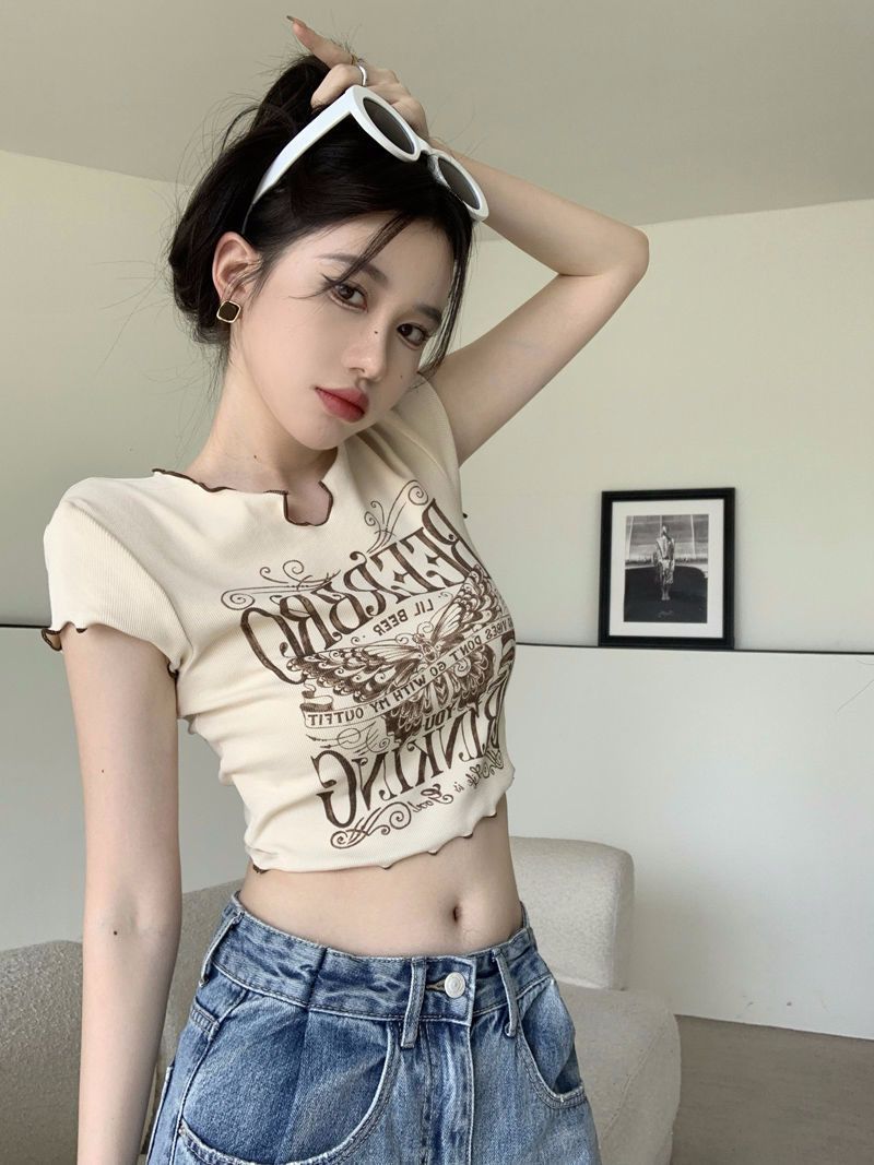 Ribbed American retro niche design wavy V-neck short-sleeved T-shirt for women