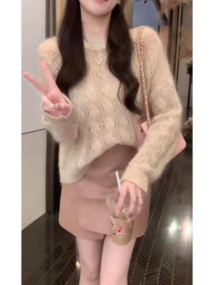 春季馬海毛麻花毛衣女士2025新款秋冬寬鬆軟糯套頭針織衫減齡套裝