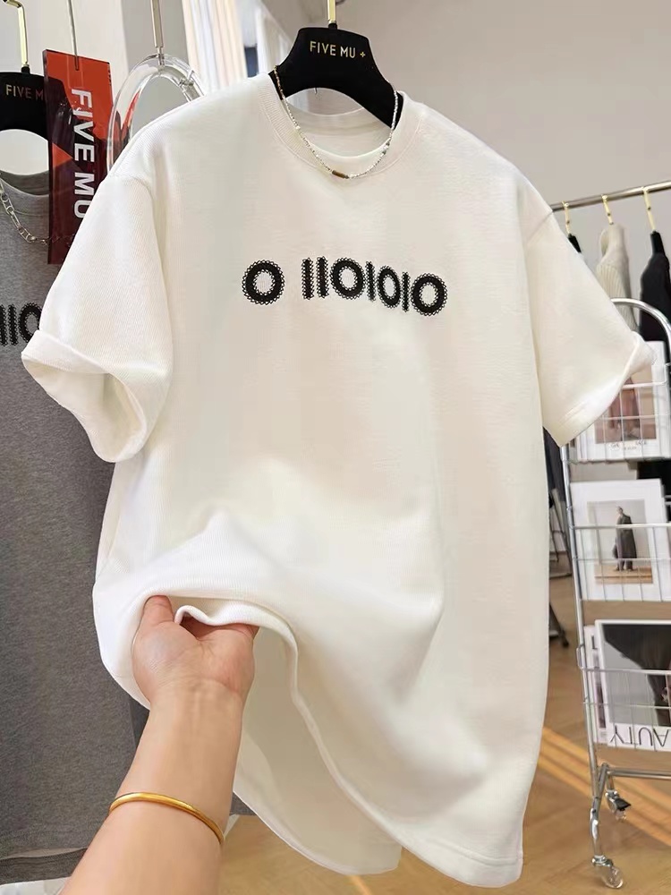 Threaded double-sided velvet grinding letters thickened short-sleeved T-shirt for women in early spring new half-sleeved bottoming shirt top