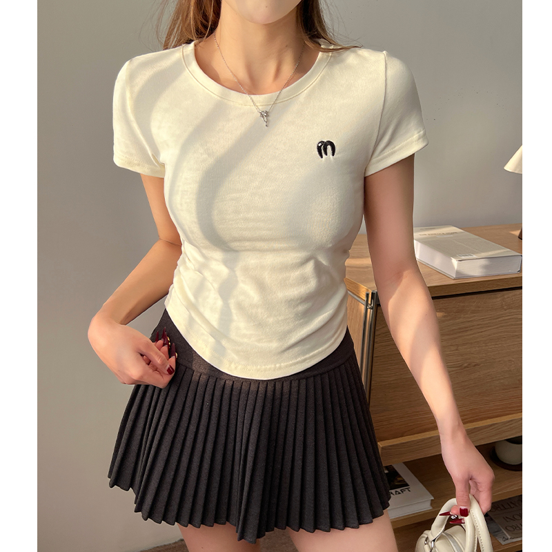 Real-shot front shoulder short-sleeved T-shirt for women in summer 2025 new European style design niche waist top