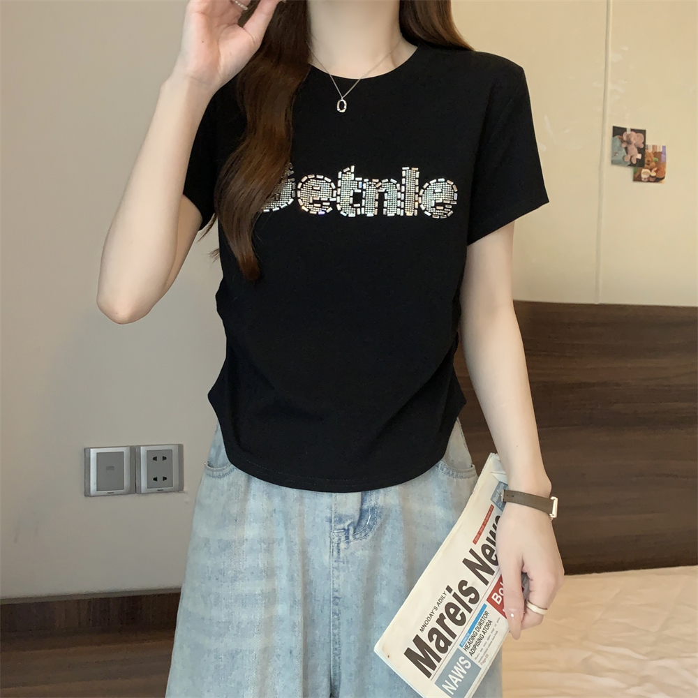 40支純棉210克92棉/8氨綸短袖T恤女收腰燙鑽