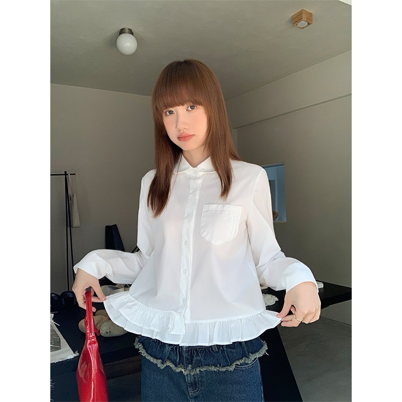 Official picture Original workmanship Three-standard ruffled irregular versatile lace white shirt top women's shirt